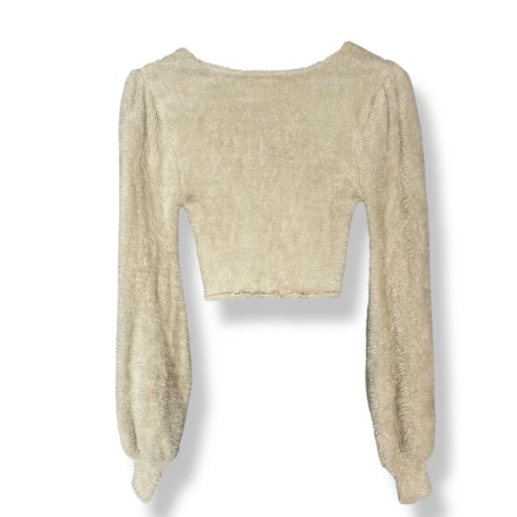 Forever 21 Fuzzy Crop Top Sweater Balloon Sleeve Size Medium Beige Gathered Bust - Picture 2 of 11